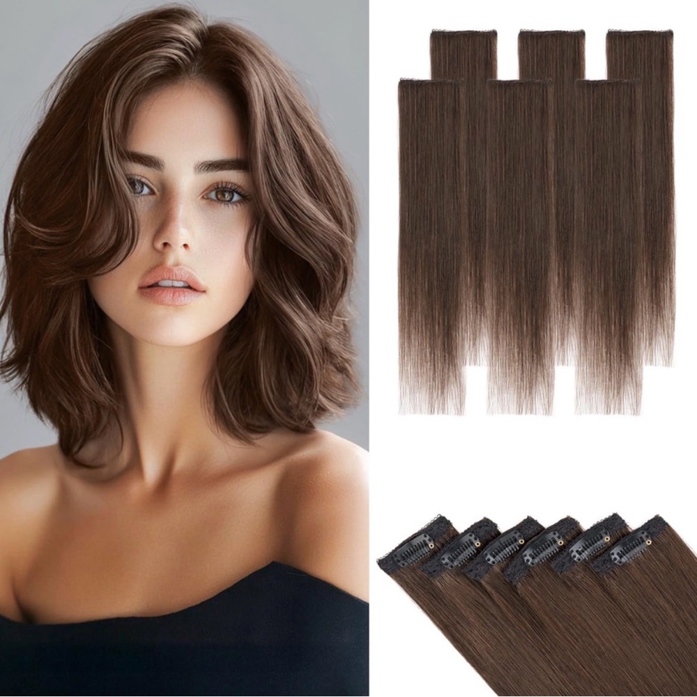 100% Real Human Hair Extensions - 6 Clip-In Hairpieces - 10" Dark Brown Brunette